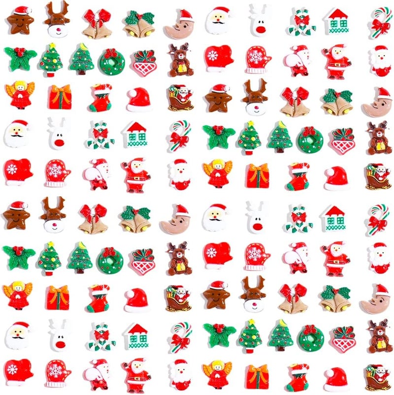 VETE 100pcs Christmas Slime Flatback Charms, Assorted Craft Resin Ornaments Miniature Ornaments Set, Santa Snowman Tree Bell Resin Decoration for Craft Making, Ornament Scrapbooking DIY Crafts - Image 1